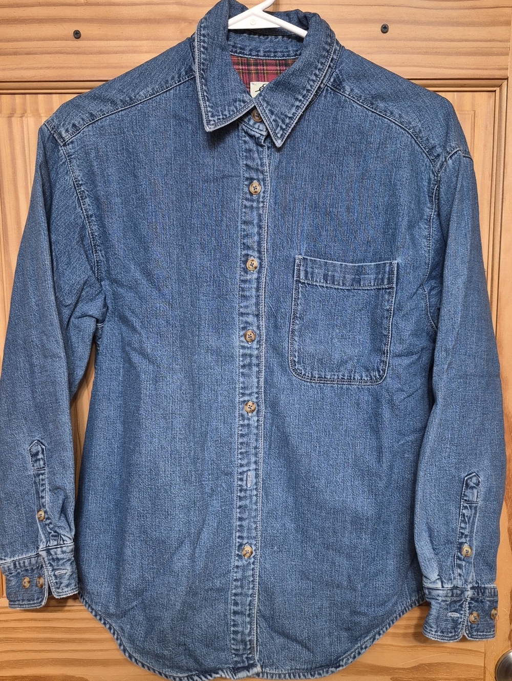 Eddie Bauer Vintage Denim Shirt Jacket Plaid Lined Long Sleeve Button Front